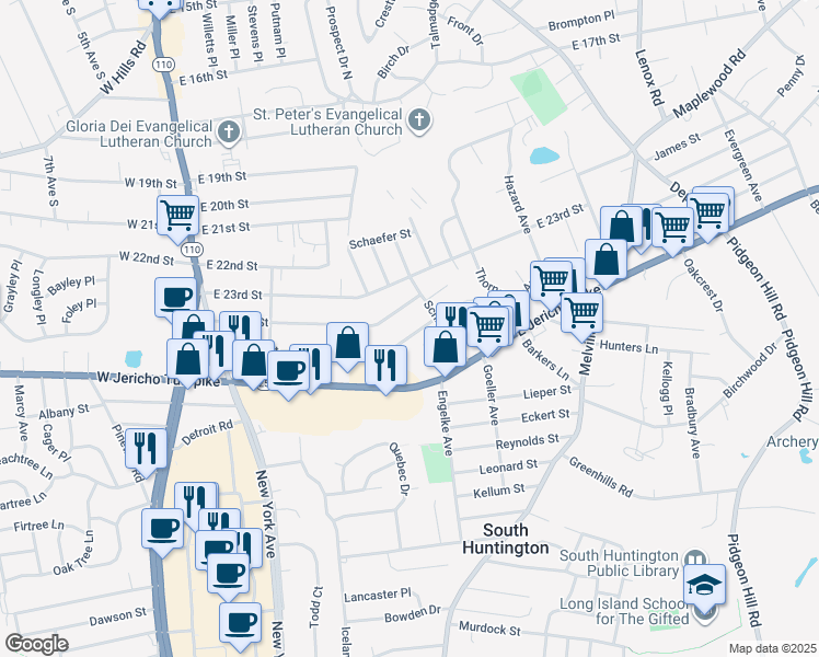 map of restaurants, bars, coffee shops, grocery stores, and more near 107 East 25th Street in Huntington Station