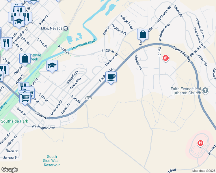 map of restaurants, bars, coffee shops, grocery stores, and more near 1250 Lamoille Highway in Elko