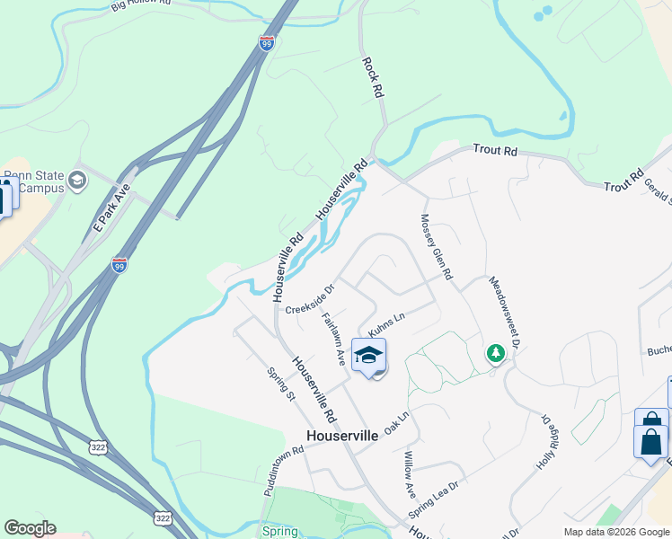 map of restaurants, bars, coffee shops, grocery stores, and more near 141 Creekside Drive in State College