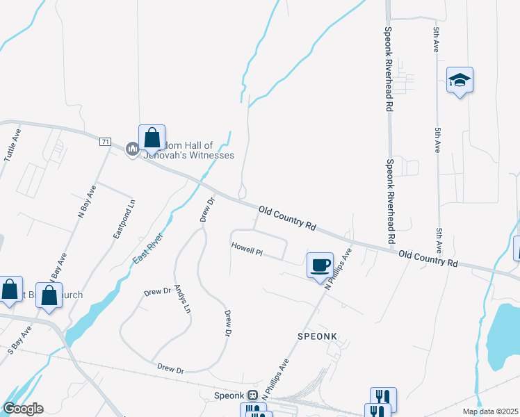 map of restaurants, bars, coffee shops, grocery stores, and more near Old Country Road & Howell Place in Eastport