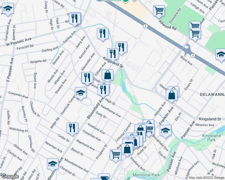 map of restaurants, bars, coffee shops, grocery stores, and more near 35 Funston Place in Nutley