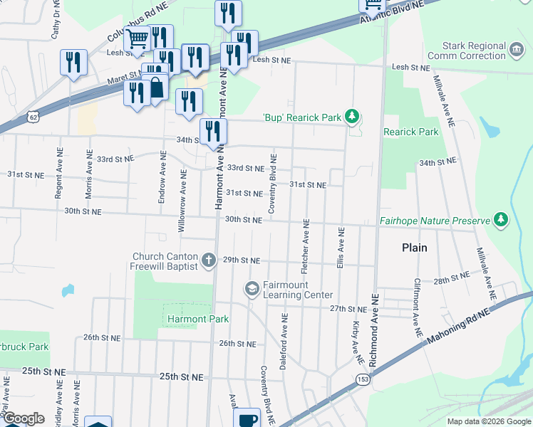 map of restaurants, bars, coffee shops, grocery stores, and more near 3601 30th Street Northeast in Canton