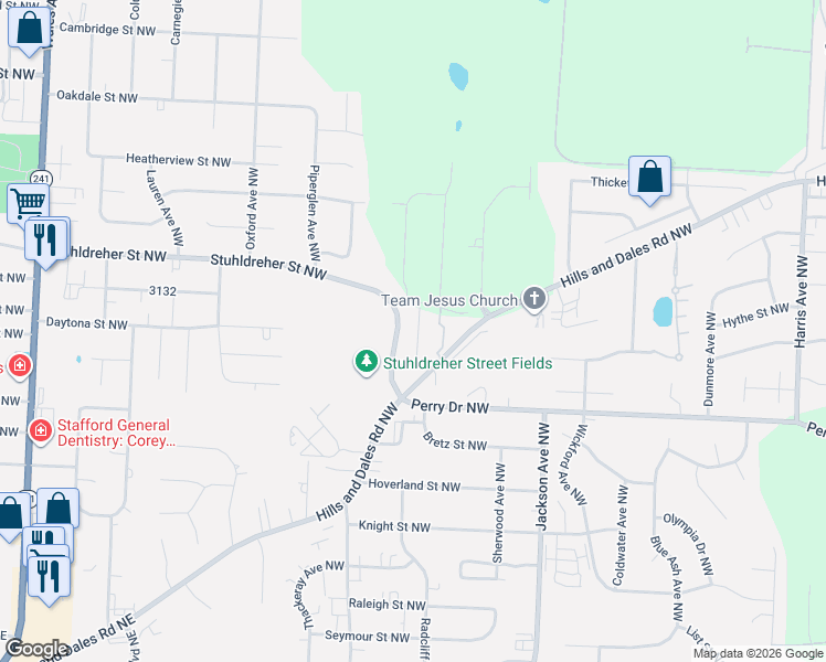 map of restaurants, bars, coffee shops, grocery stores, and more near 7320 Stuhldreher Street Northwest in Massillon