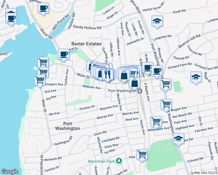 map of restaurants, bars, coffee shops, grocery stores, and more near 97 Webster Avenue in Port Washington