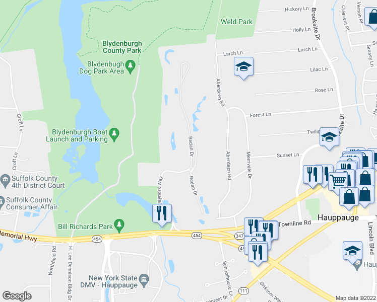 map of restaurants, bars, coffee shops, grocery stores, and more near 72 Redan Drive in Smithtown