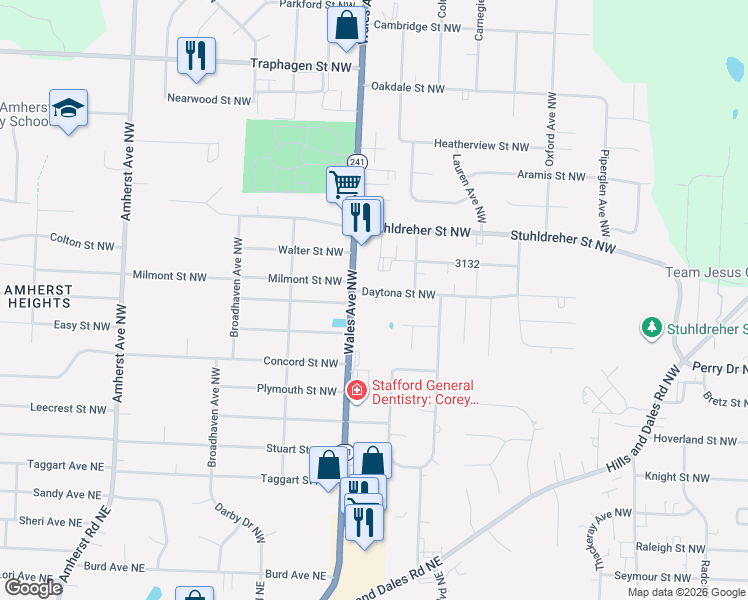 map of restaurants, bars, coffee shops, grocery stores, and more near 8036 Daytona Street Northwest in Massillon