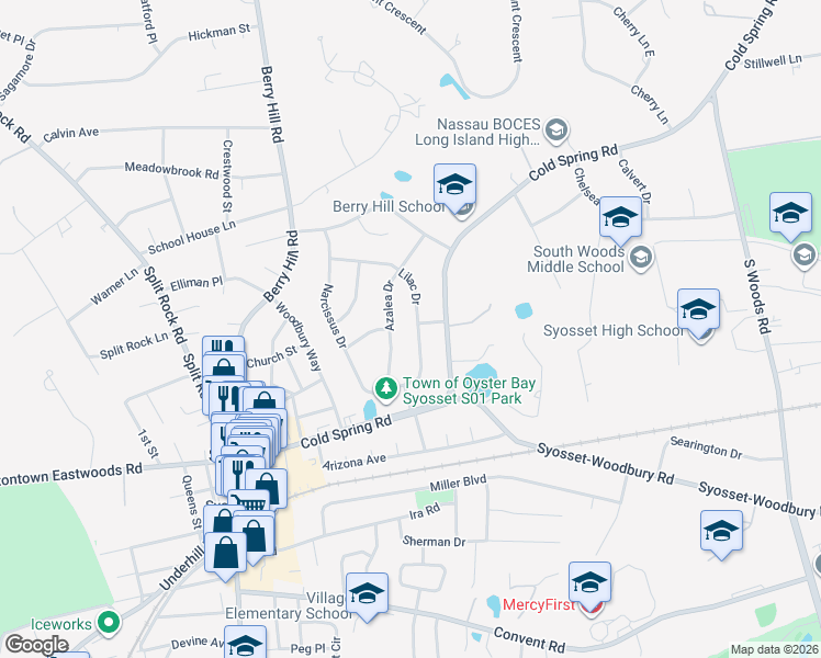 map of restaurants, bars, coffee shops, grocery stores, and more near 25 Lilac Dr in Syosset