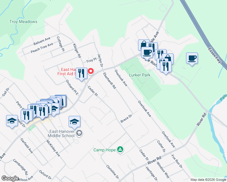 map of restaurants, bars, coffee shops, grocery stores, and more near 18 Smithfield Road in East Hanover