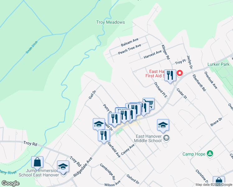 map of restaurants, bars, coffee shops, grocery stores, and more near 53 Barnida Drive in East Hanover