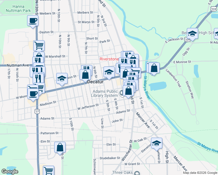 map of restaurants, bars, coffee shops, grocery stores, and more near 414 Madison Street in Decatur