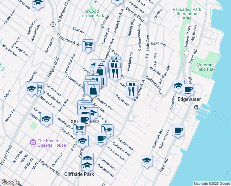 map of restaurants, bars, coffee shops, grocery stores, and more near 259 Railroad Avenue in Cliffside Park