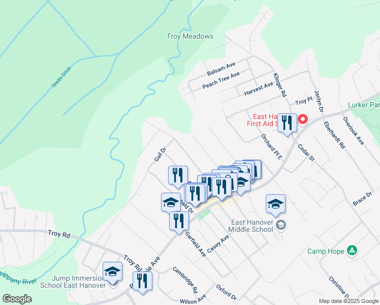 map of restaurants, bars, coffee shops, grocery stores, and more near 53 Barnida Drive in East Hanover