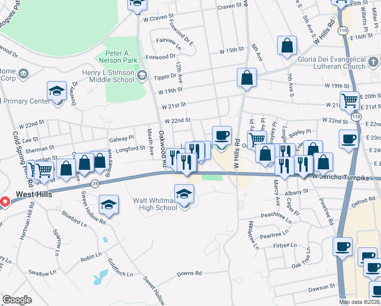 map of restaurants, bars, coffee shops, grocery stores, and more near 26 Carlow Street in Huntington