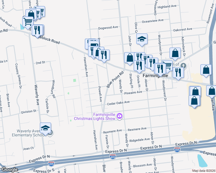 map of restaurants, bars, coffee shops, grocery stores, and more near 6 Canary Place in Farmingville