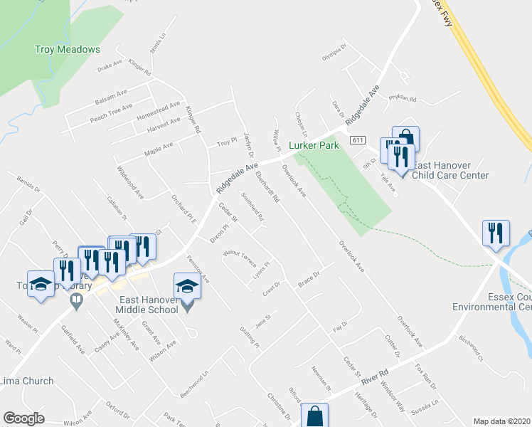 map of restaurants, bars, coffee shops, grocery stores, and more near 18 Smithfield Road in East Hanover