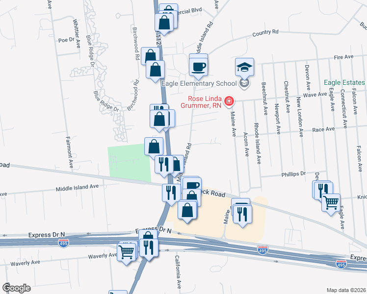 map of restaurants, bars, coffee shops, grocery stores, and more near 242 Middle Island Road in Medford