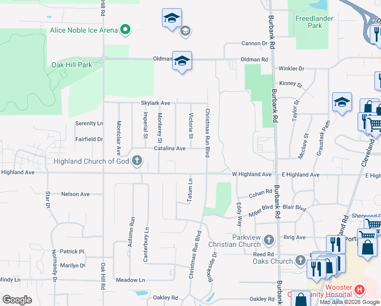 map of restaurants, bars, coffee shops, grocery stores, and more near 520 Catalina Avenue in Wooster