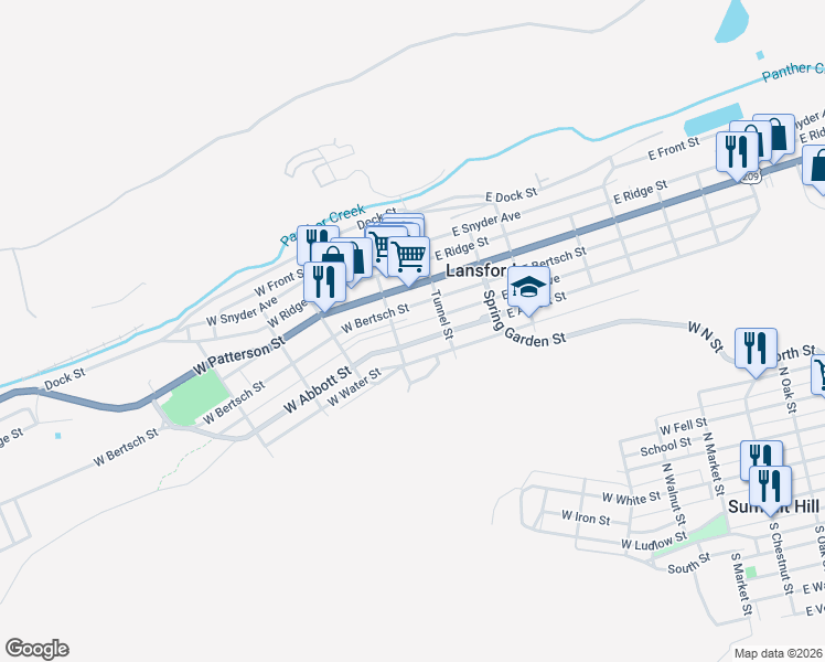 map of restaurants, bars, coffee shops, grocery stores, and more near 22 W Kline Ave in Lansford