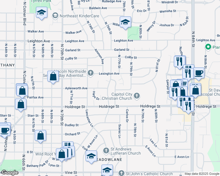 map of restaurants, bars, coffee shops, grocery stores, and more near 1700 Urbana Lane in Lincoln