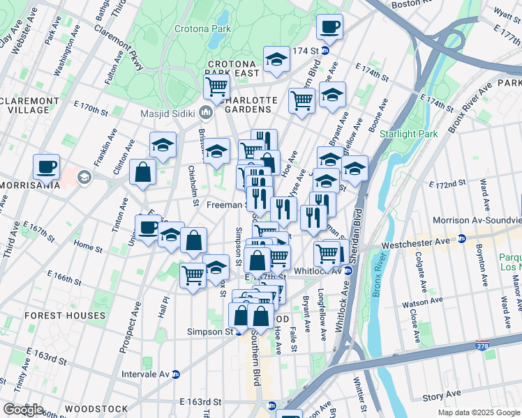 map of restaurants, bars, coffee shops, grocery stores, and more near in The Bronx