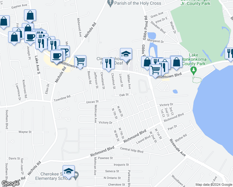 map of restaurants, bars, coffee shops, grocery stores, and more near 29 Chestnut Street in Nesconset