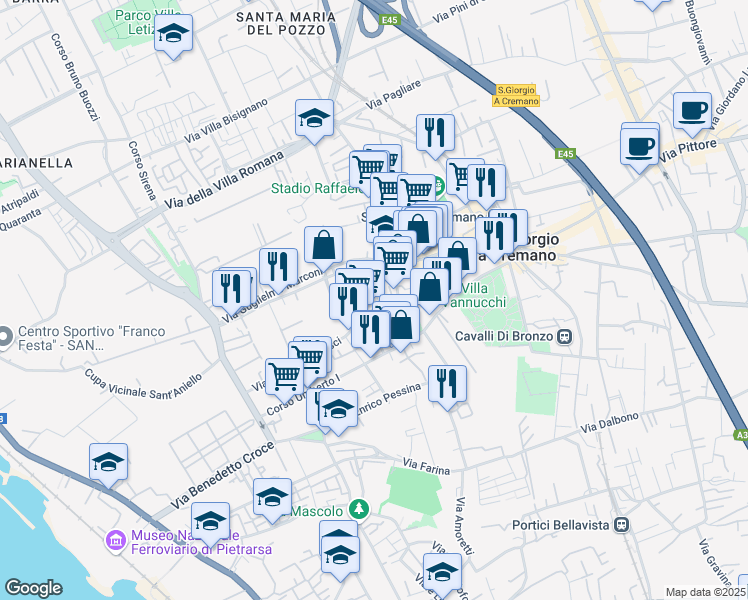 map of restaurants, bars, coffee shops, grocery stores, and more near 7 Via Mario Zinno in San Giorgio A Cremano