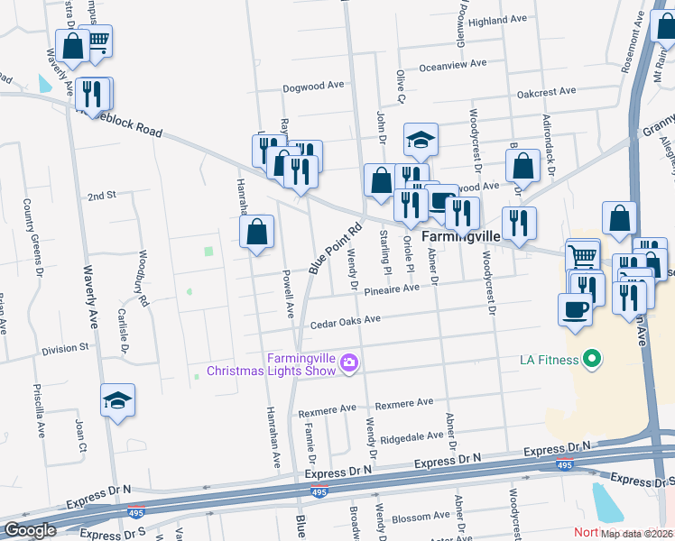 map of restaurants, bars, coffee shops, grocery stores, and more near 18 Wendy Drive in Farmingville