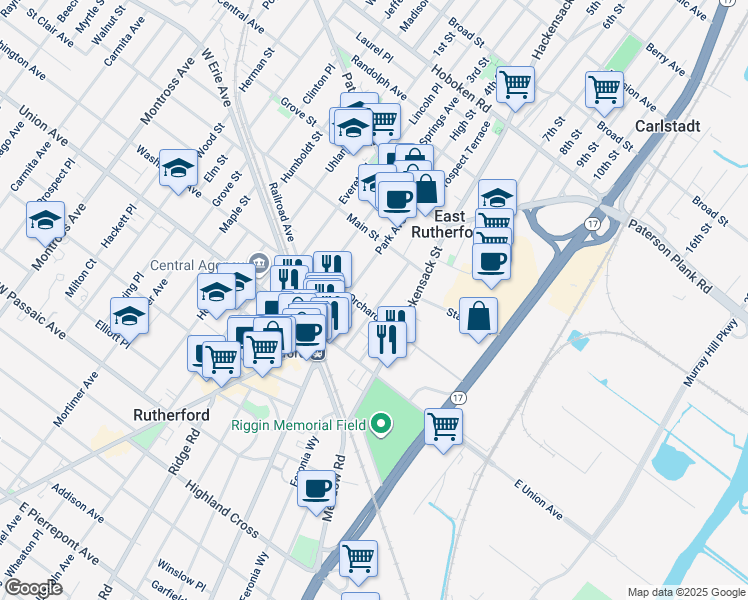map of restaurants, bars, coffee shops, grocery stores, and more near 199 Van Winkle Street in East Rutherford
