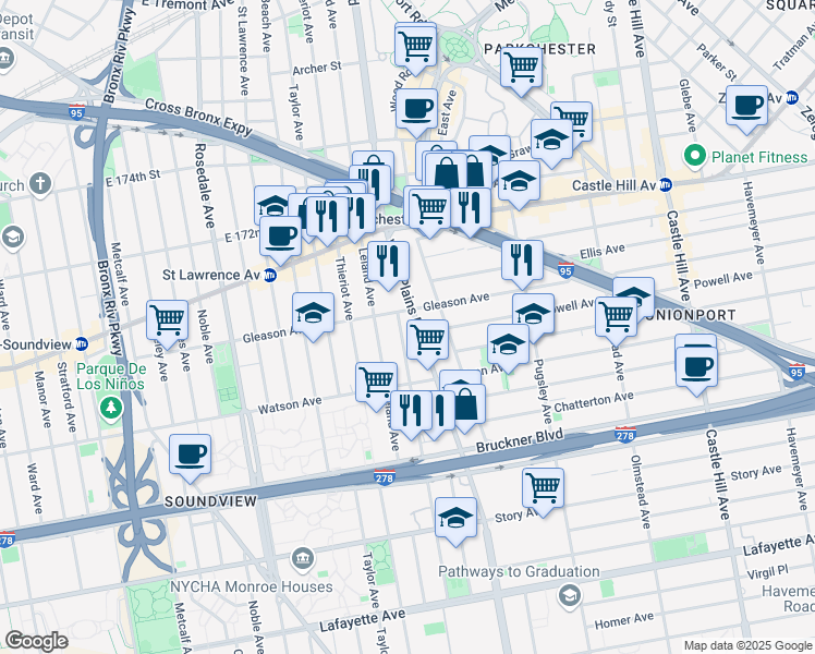 map of restaurants, bars, coffee shops, grocery stores, and more near 1157 White Plains Road in Bronx