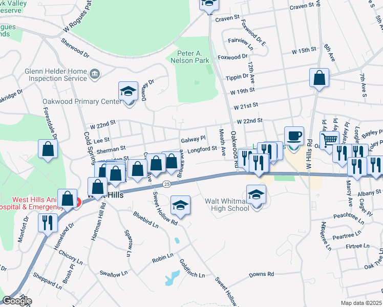 map of restaurants, bars, coffee shops, grocery stores, and more near 19 Longford Street in Huntington