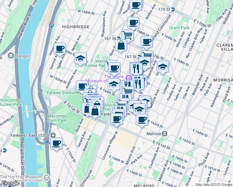 map of restaurants, bars, coffee shops, grocery stores, and more near 1001 Grand Concourse in Bronx