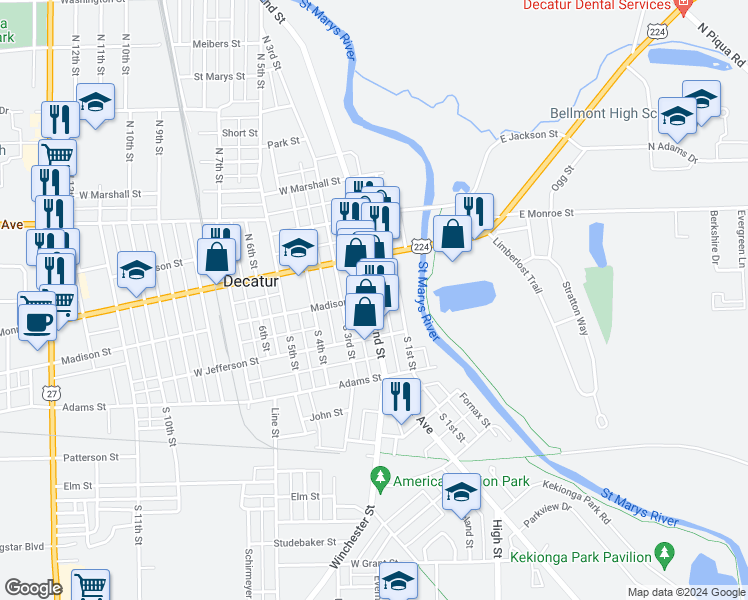 map of restaurants, bars, coffee shops, grocery stores, and more near 105 South 2nd Street in Decatur