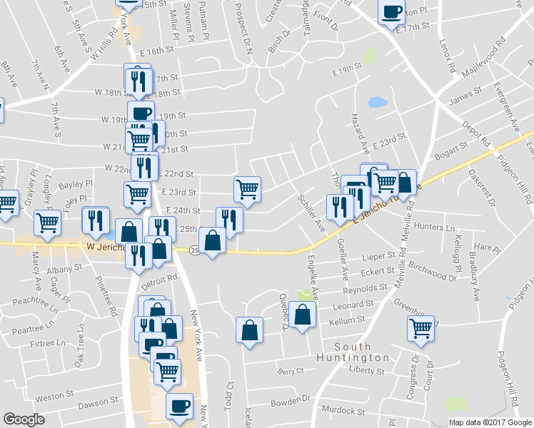map of restaurants, bars, coffee shops, grocery stores, and more near 95 East 24th Street in Huntington Station