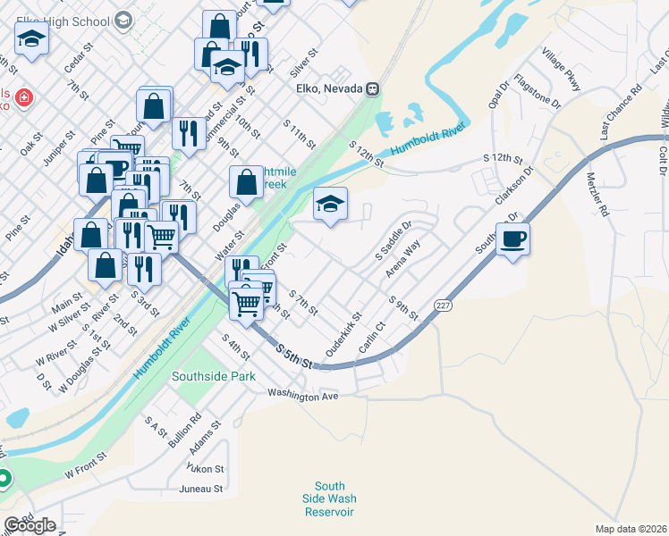 map of restaurants, bars, coffee shops, grocery stores, and more near 512 South 9th Street in Elko