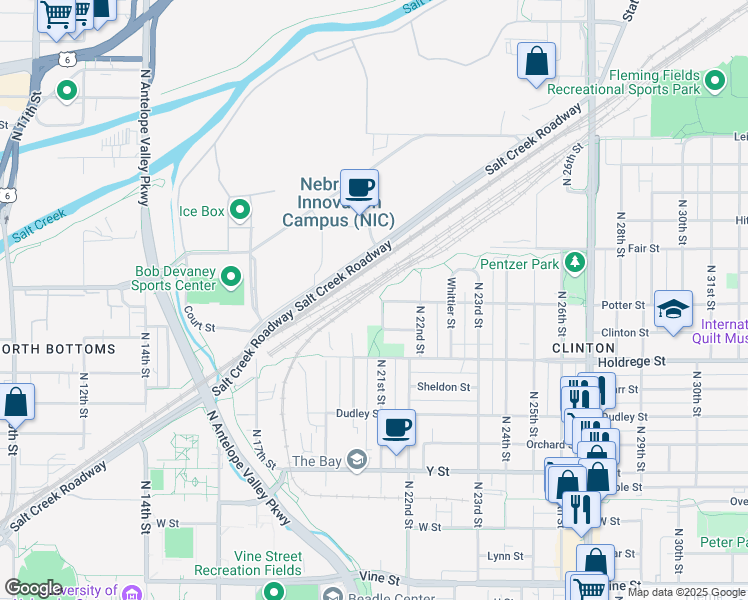 map of restaurants, bars, coffee shops, grocery stores, and more near 1725 North 21st Street in Lincoln