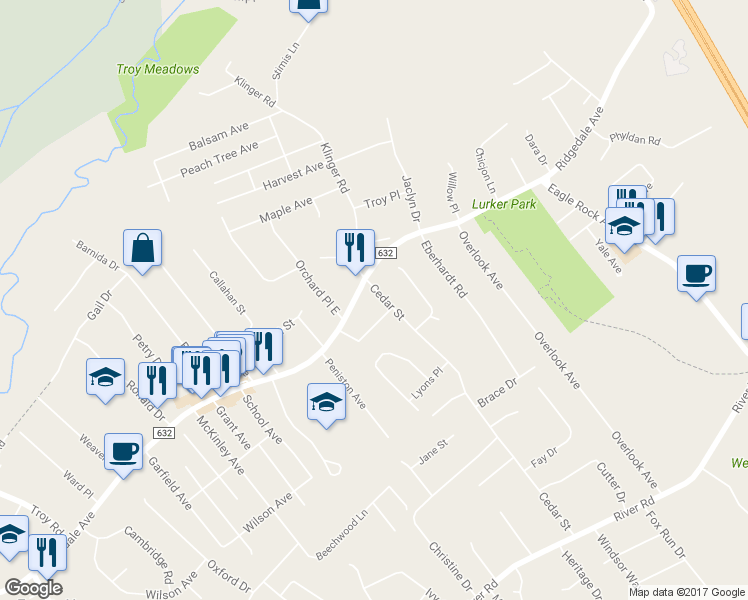 map of restaurants, bars, coffee shops, grocery stores, and more near 13 Cedar Street in East Hanover