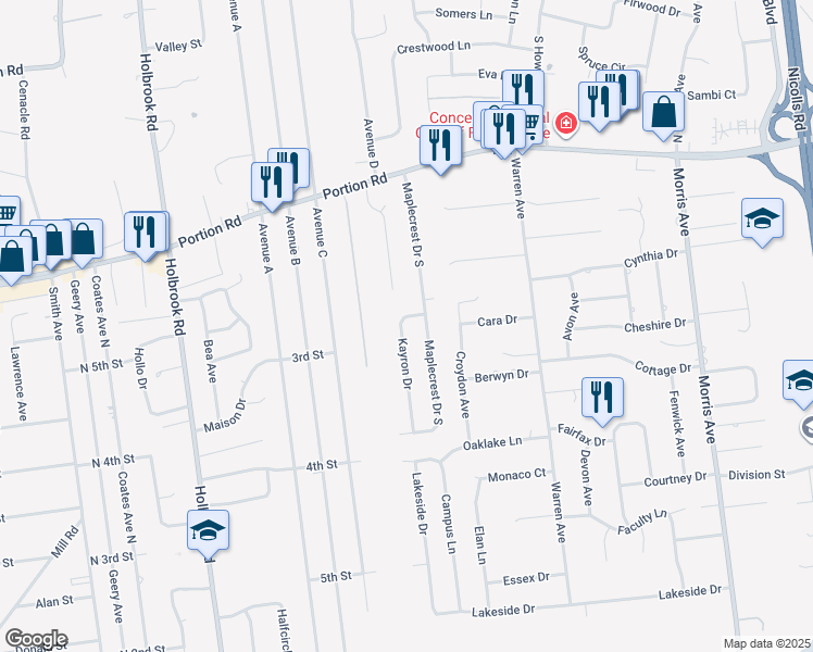 map of restaurants, bars, coffee shops, grocery stores, and more near 5 Kayron Drive in Lake Ronkonkoma