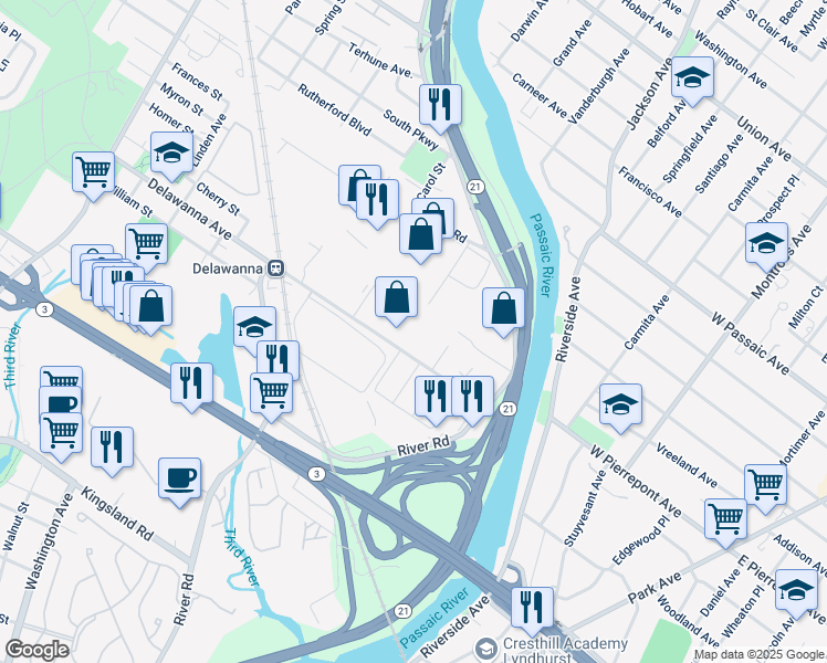 map of restaurants, bars, coffee shops, grocery stores, and more near 100 Delawanna Avenue in Clifton