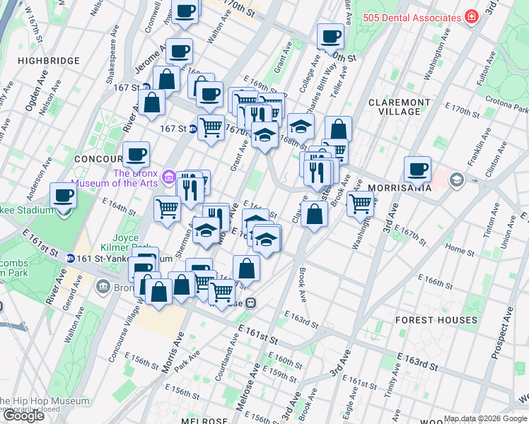 map of restaurants, bars, coffee shops, grocery stores, and more near 319 E 166th St in Bronx