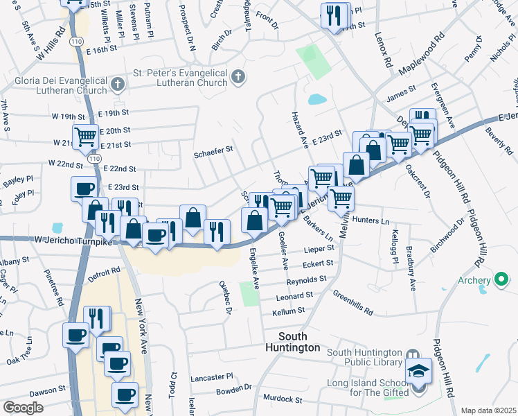 map of restaurants, bars, coffee shops, grocery stores, and more near 16 Schiller Avenue in Huntington Station