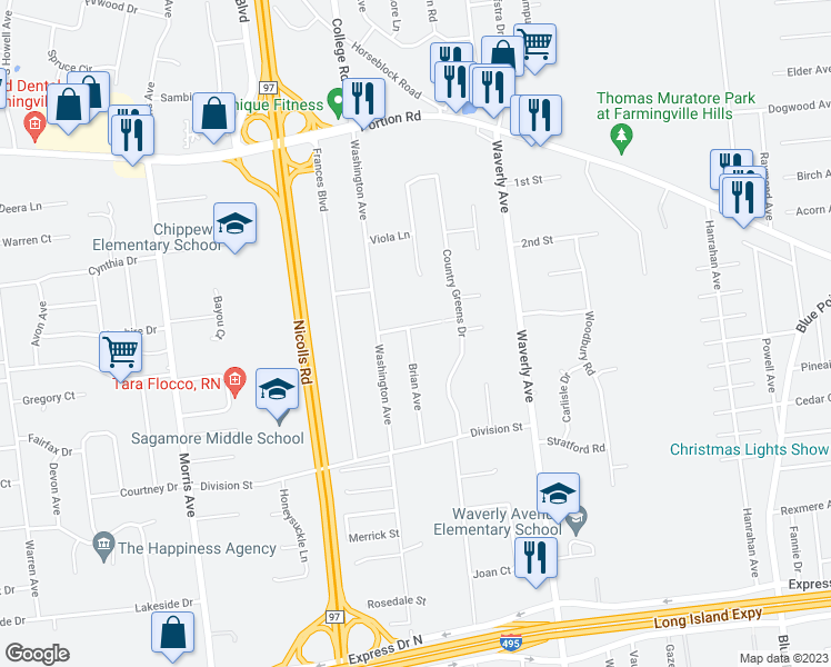 map of restaurants, bars, coffee shops, grocery stores, and more near 31 Brian Avenue in Holtsville