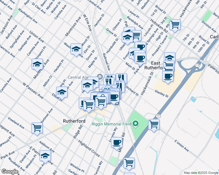 map of restaurants, bars, coffee shops, grocery stores, and more near 17 W Erie Ave in Rutherford