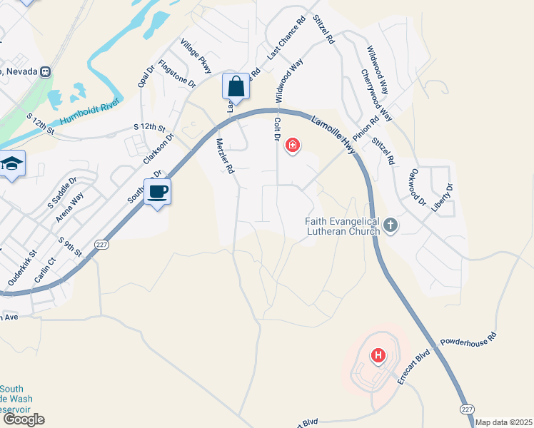 map of restaurants, bars, coffee shops, grocery stores, and more near 1625 Winchester Drive in Elko