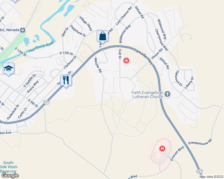 map of restaurants, bars, coffee shops, grocery stores, and more near 1625 Winchester Drive in Elko