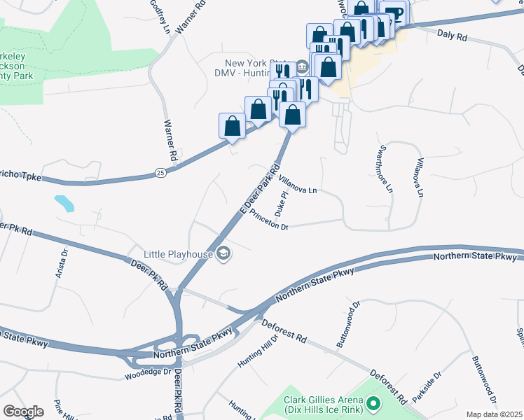 map of restaurants, bars, coffee shops, grocery stores, and more near 3 Princeton Drive in Dix Hills