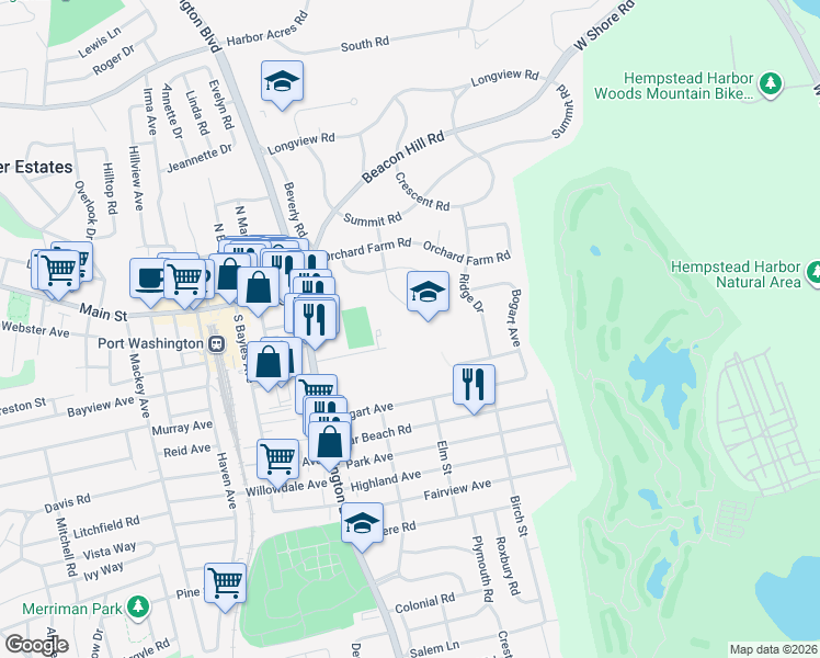 map of restaurants, bars, coffee shops, grocery stores, and more near in Port Washington