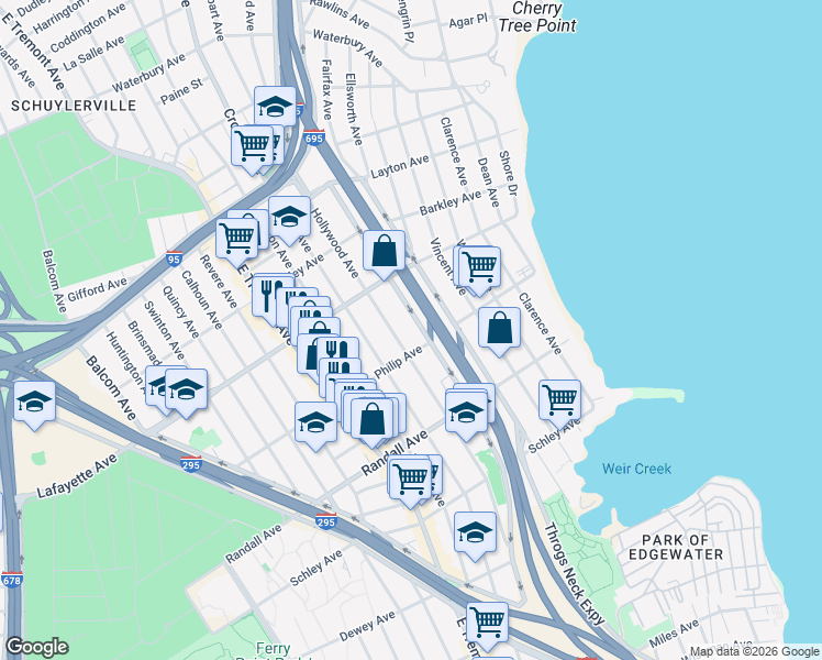 map of restaurants, bars, coffee shops, grocery stores, and more near 826 Hollywood Avenue in Bronx