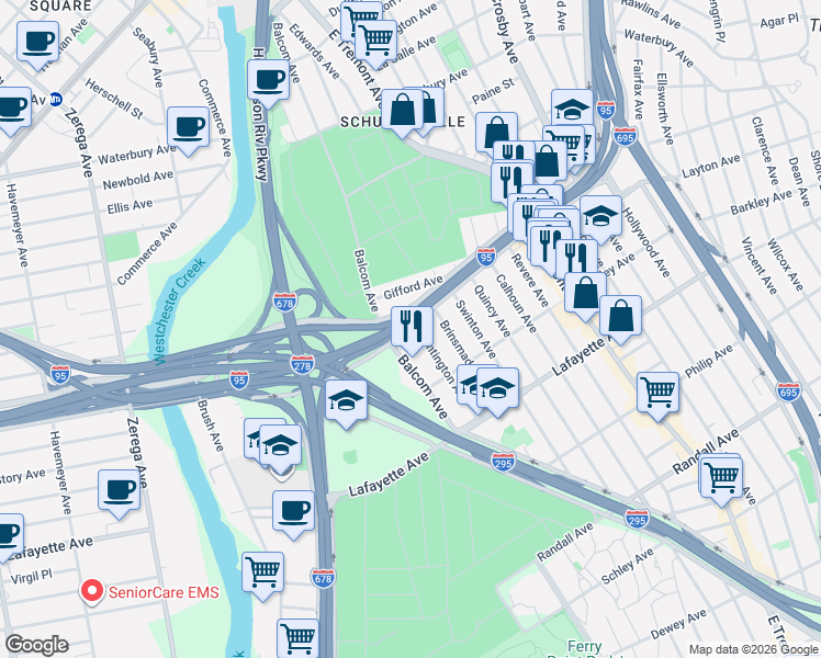 map of restaurants, bars, coffee shops, grocery stores, and more near in The Bronx