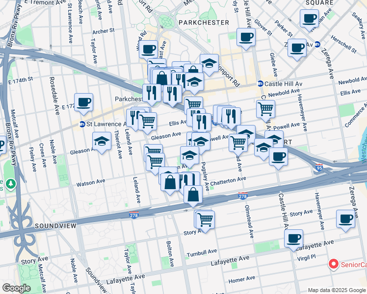map of restaurants, bars, coffee shops, grocery stores, and more near 1968 Powell Avenue in Bronx