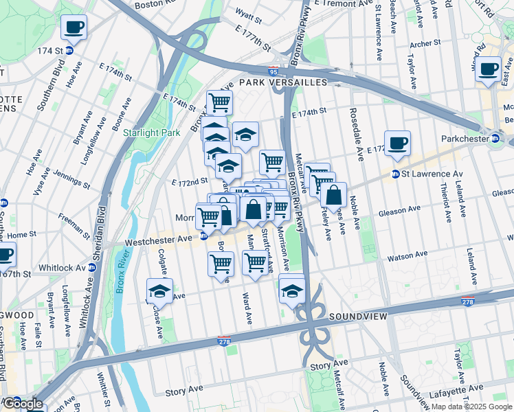 map of restaurants, bars, coffee shops, grocery stores, and more near 1226 Manor Avenue in Bronx
